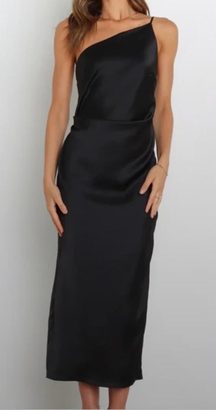 Petal & Pup Satin Asymmetrical One Shoulder Cocktail Maxi Dress Black 2